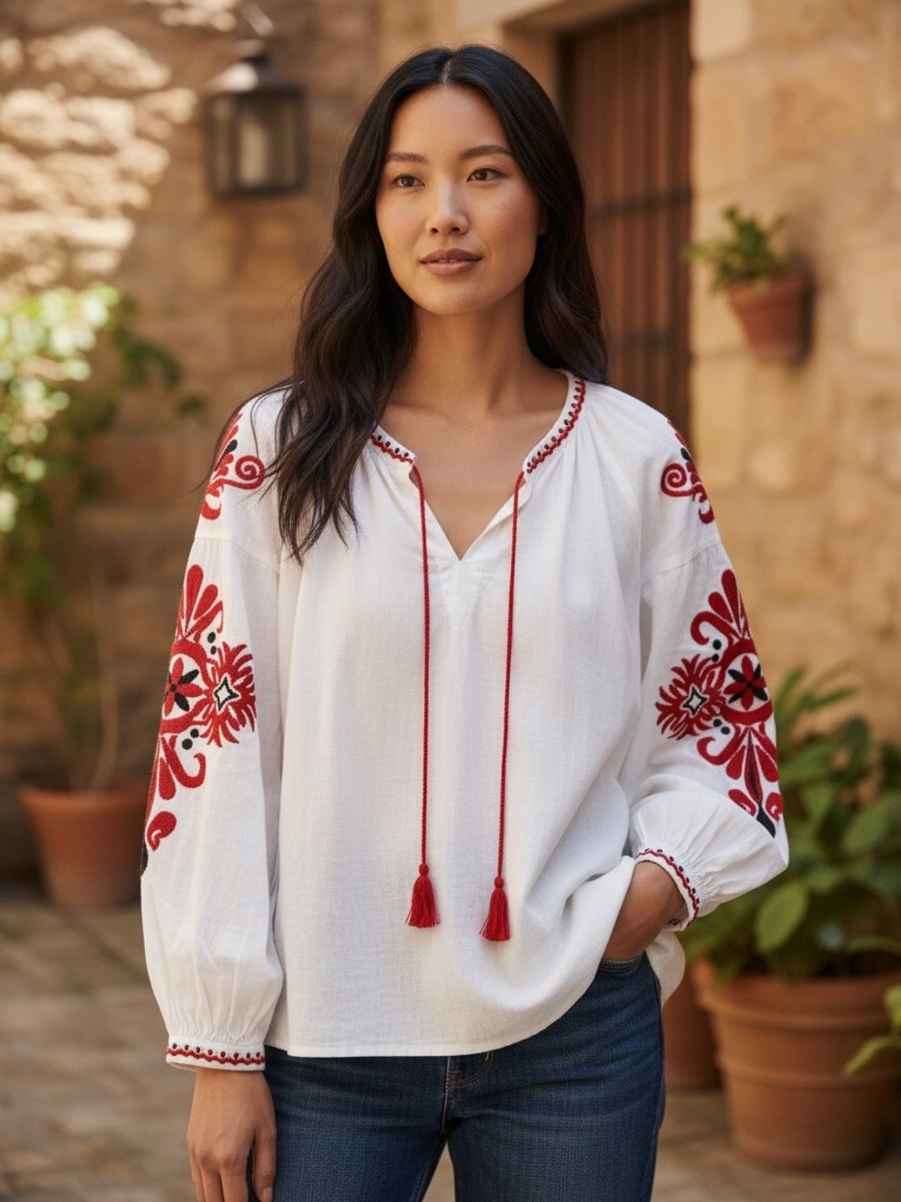 Velzera White and Red Tie Front Embellished Blouse